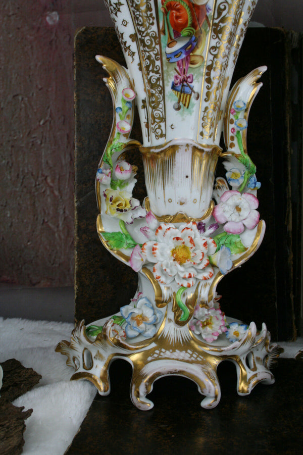 PAIR VIEUX paris porcelain 19thc French Vases Majolica flowers Attr. jacob petit