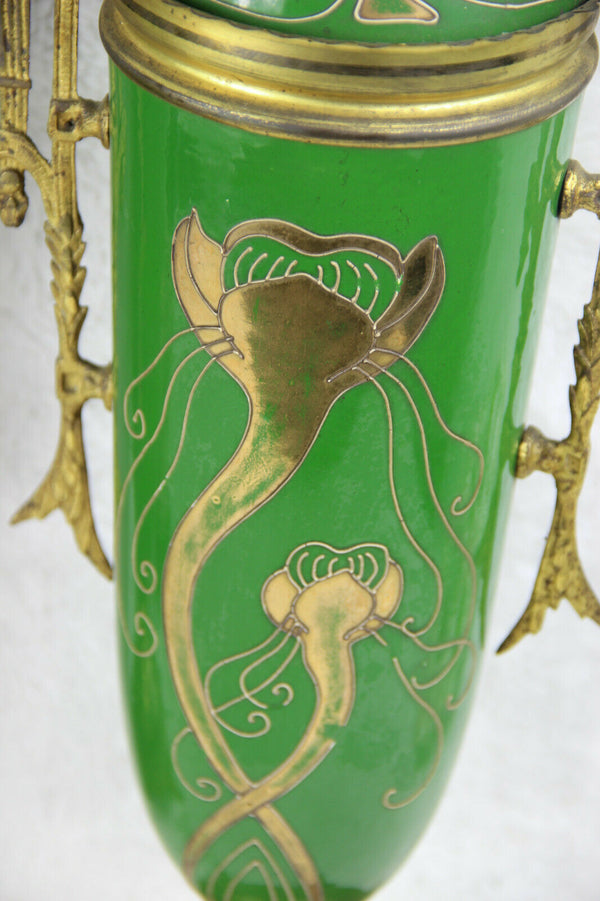 PAIR French antique Faience porcelain Green art nouveau cassolettes vases