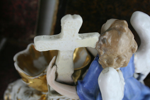 Antique French 1900 Vieux old paris porcelain angel holy water font rare unusual