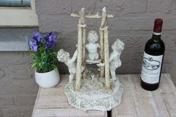 LARGE italian capodimonte marked porcelain bisque putti cherub group swing
