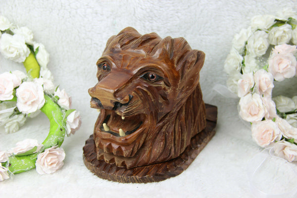 Vintage Mid century Wood carved lion panther head cigarettes cigar cave box