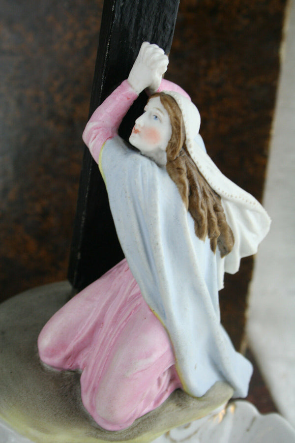 French Antique Crucifix holy water font vieux andenne porcelain 19thc