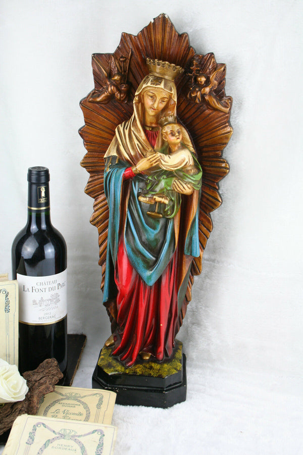 Antique XL French Madonna with child angel cherubs plaster polychrome statue