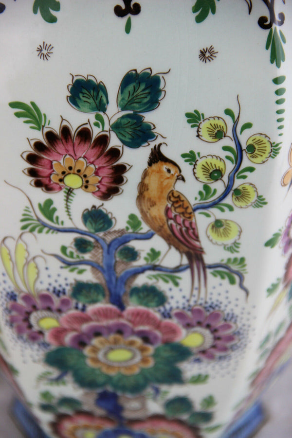 LARGE polychrome ceramic DELFT Bird floral lidded vase marked Dutch