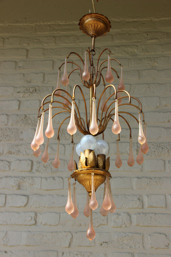 Vintage Italian 1960 metal gold gilt Muranp pink drops chandelier