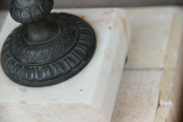 Antique French spelter bronze patina pair urns Vases putti angel marble base