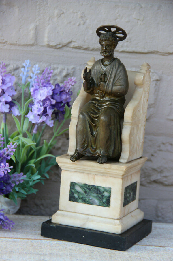 Antique French religious statue saint peter key onyx marble spelter bronze