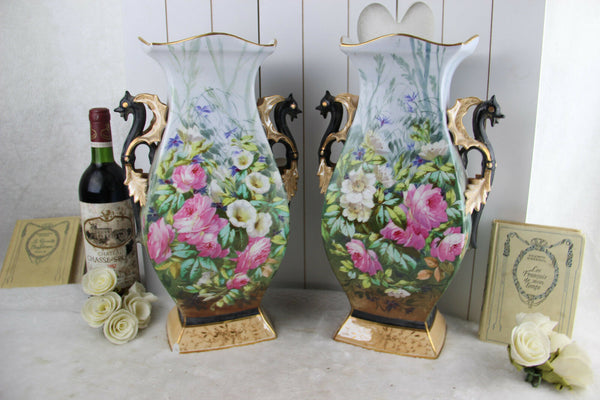 Antique PAIR XL Vieux paris porcelain Dragon gothic Floral Vases rare 1900