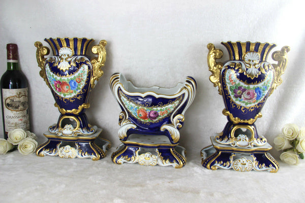 XL French Vases Centerpiece set in Sevres porcelain Floral decor marked 1950's