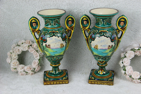 Antique pair French Barbotine majolica queen elizabeth mythological dragon vases