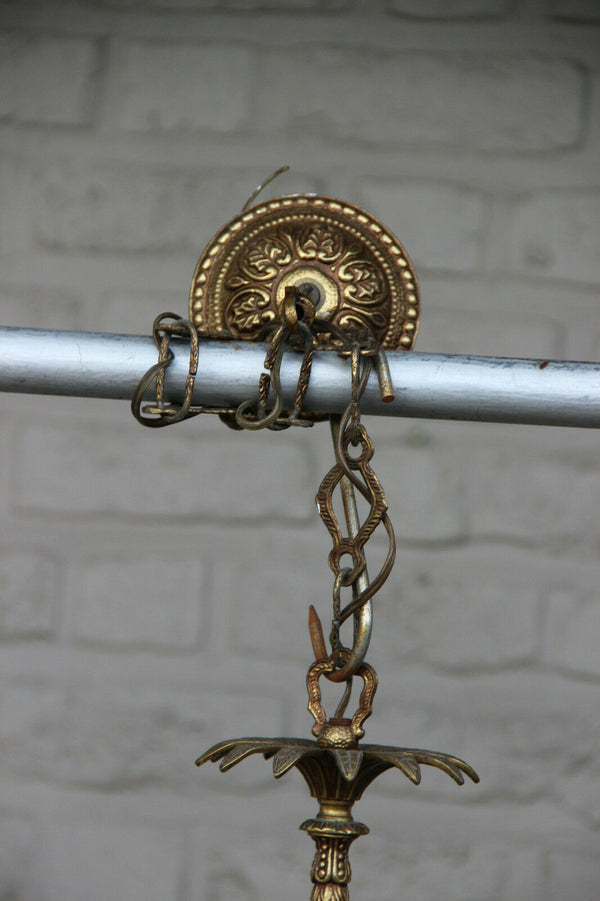 Vintage French bouillotte Empire design chandelier lamp pendant metal green 1970