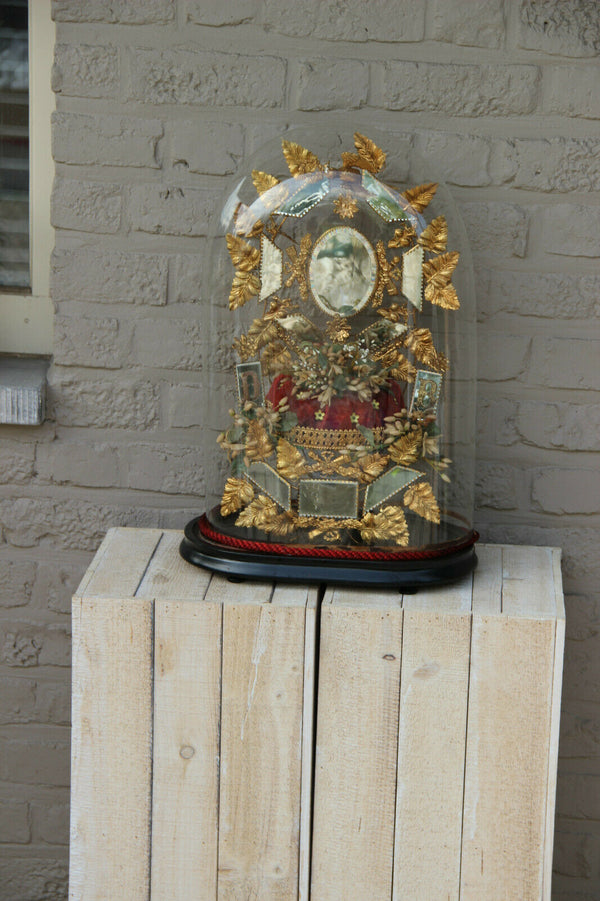Antique Victorian Bridal wedding dome Globe Glass with tiara wax initials