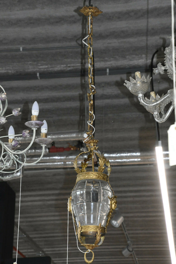Antique val saint lambert crystal glass caryatid bronze heads lantern chandelier