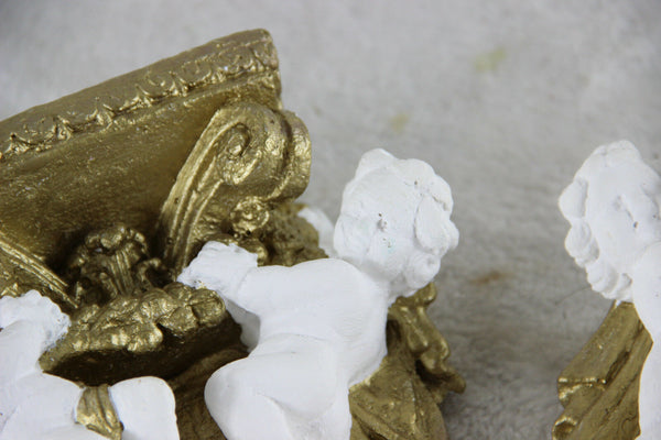 PAIR cute French chalkware putti angels Wall consoles Gold white 1970