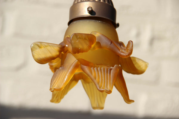 French Bronze putti angel pendant chandelier 2 arms amber glass tulip shades