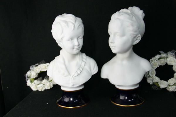 PAIR xl  french Tharaud Limoges d'après Houdon bisque porcelain buste boy girl