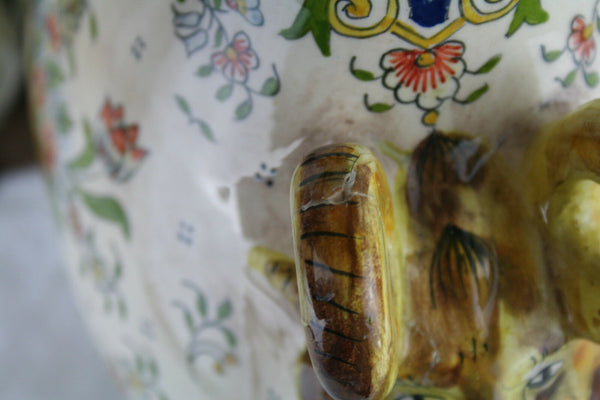 Antique French Rouen Flask 19thc marked floral Satyr devil heads faience