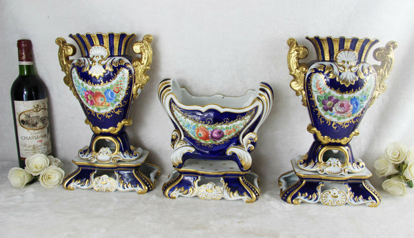 XL French Vases Centerpiece set in Sevres porcelain Floral decor marked 1950's
