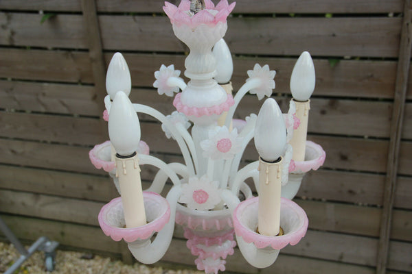 Italian 1970 Pink MURANO hand blown Venetian 5 arms chandelier floral