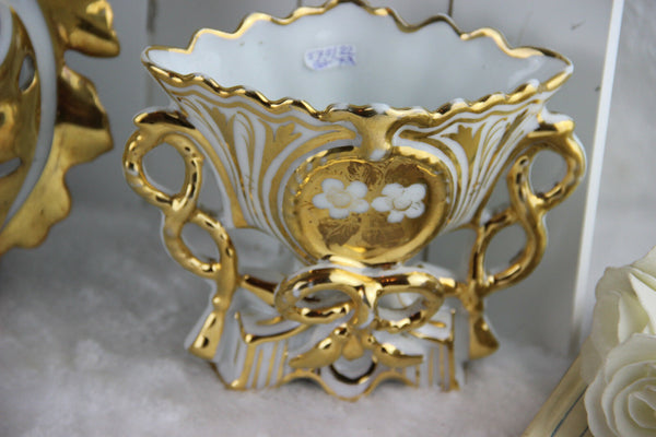 SET Vieux brussels porcelain Gold gilt Vases birds floral