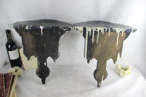 RARE PAIR french napoleon III wood carved inlaid figurines wall consoles shelf