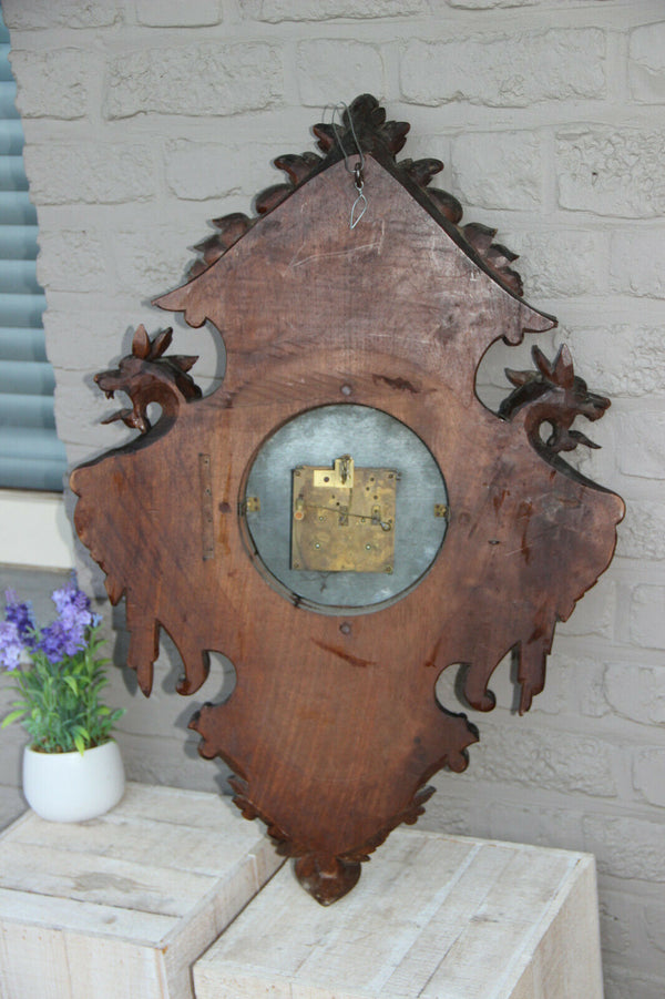 Antique Black forest wood carved dragon Griffin gothic castle clock rare