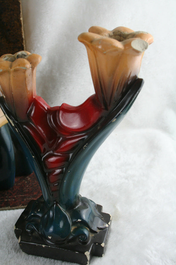 French antique 1930 Chalkware buste + candle holders madonna mary polychrome