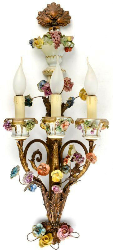 Vintage Italian porcelain flower Wall light 3 arms 1970's metal sconce