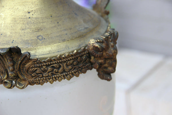 Rare antique Bronze French glass parrot chandelier lantern lamp ram heads