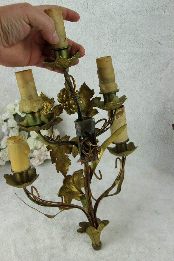 Antique Religious church french wall lights sconces brass metal flowers