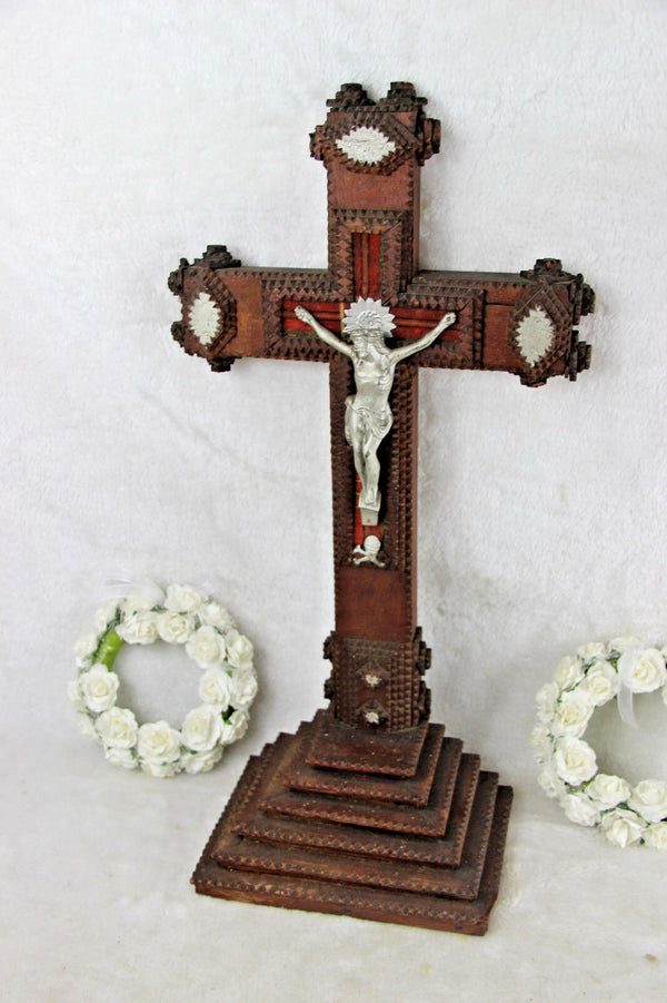 Huge French antique tramp art cigar box wood crucifix cross religious