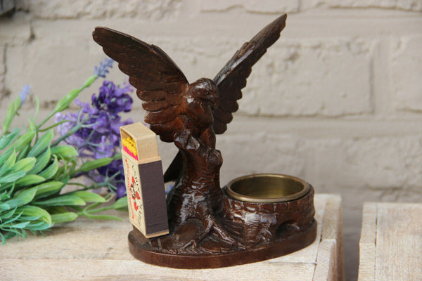 Antique German Black forest wood carved Ashtray matches holder set eagle bird