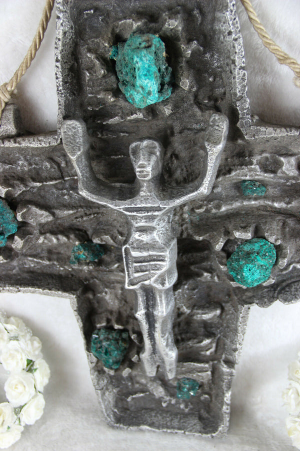 HUGE Rare BRUTALIST Stoneware malachite stones Crucifix cross religious christ