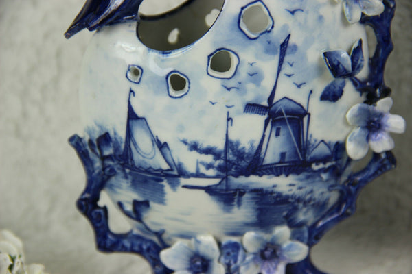 PAIR Delft blue white pottery Bird Floral Mill landscape Vases figurines