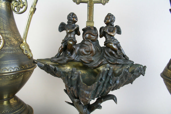 RARE antique religious Holy water font Vases set Putti Devil Dragons set church