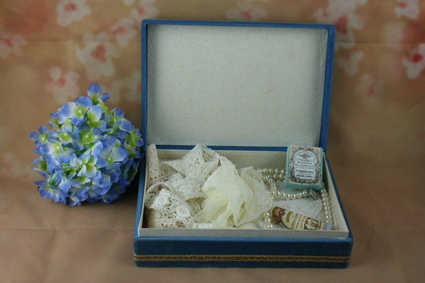 Antique FRENCH fabric box velvet nice color blue with medallion frazarte signed