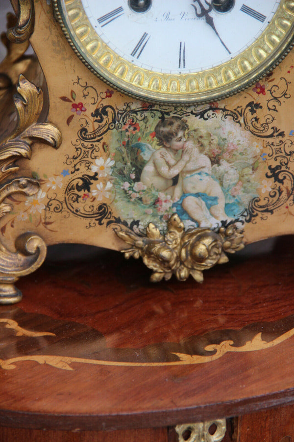 Antique French parisian mantel clock putti angel portrait scene floral decor