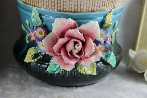 PAIR 1900 French Barbotine Majolica Relief floral jardiniere planter antique