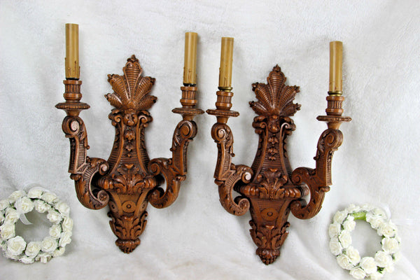 PAIR antique French wood carved wall lights sconces detailed 1920's