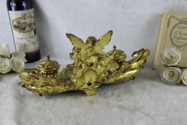 LARGE Antique French Castle gothic Dragon devil putti Bronze inkwell top piece