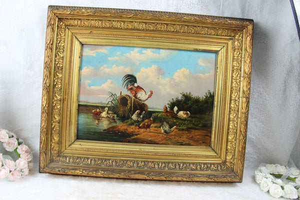 German school 1900s Oil panel painting chickens rooster poultry scene