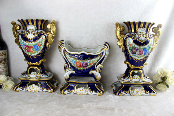 XL French Vases Centerpiece set in Sevres porcelain Floral decor marked 1950's