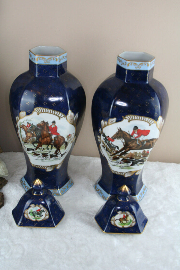 PAIR  French vases in Limoges porcelain hunting dogs horses scene marked