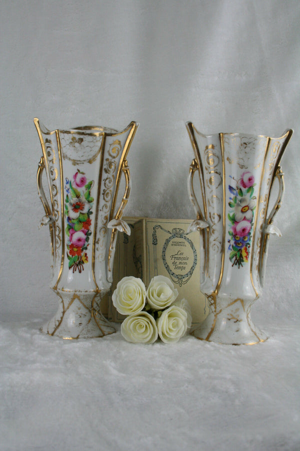 PAIR French OLD PARIS VIEUX porcelain Vases Gold gilt flower decoration