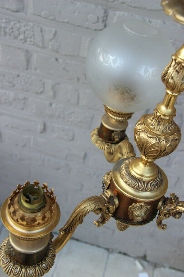 Vintage French brass 3 arm lion heads Chandelier glass globes 1970