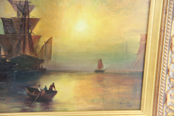 Gorgeous Flemish oil canvas 1933 Signed Painting Maritime Ship boats
