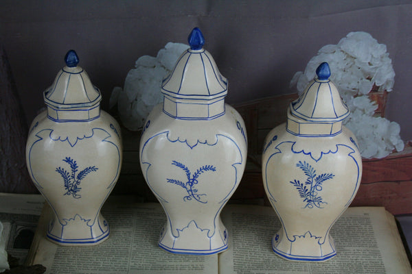 Set of 3 Delft blue white pottery vases lidded Landscape scene marked