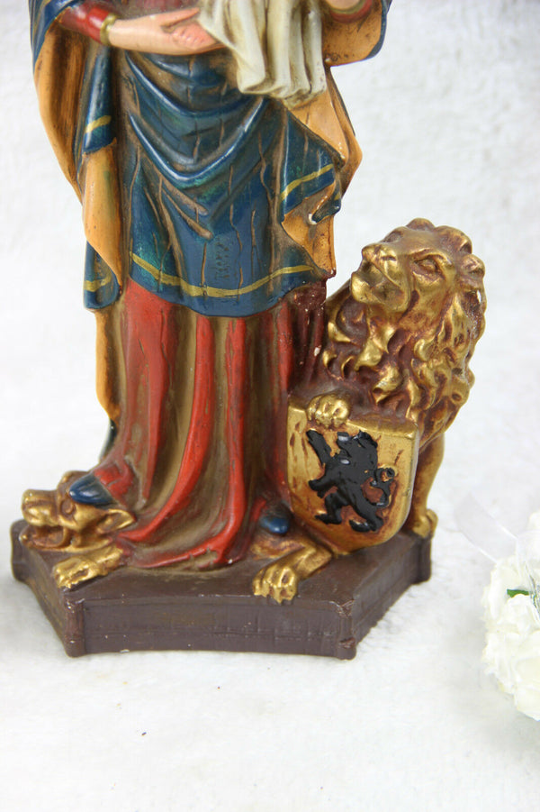 Antique chalkware Madonna Mary child lion snake statue figurine religious