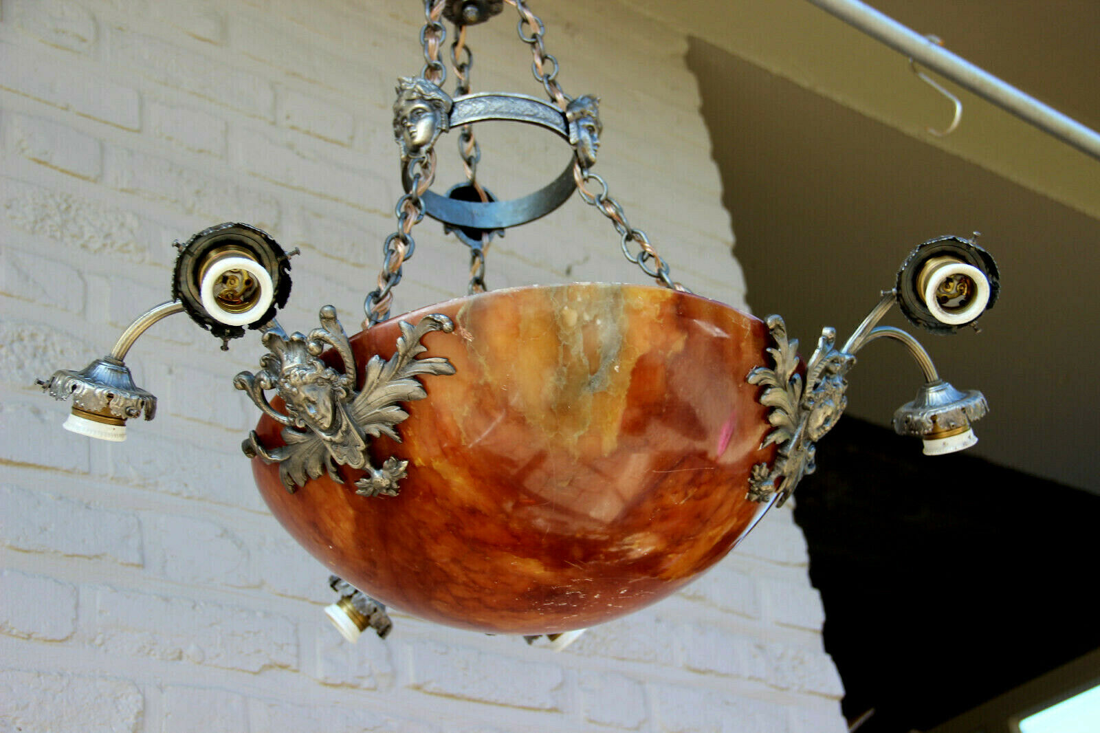 Antique French Alabaster Amber Coupe bowl  Caryatid heads chandelier