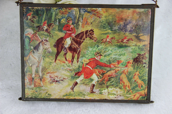 Antique French 1900 Barber mirror tryptich open/fold system chromos hunt dogs